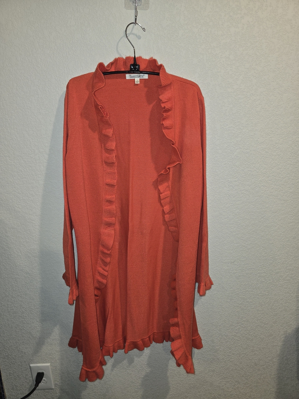TravelSmith Coral Orange Ruffle Trim Open Front Duster Cardigan Sweater - Size L
